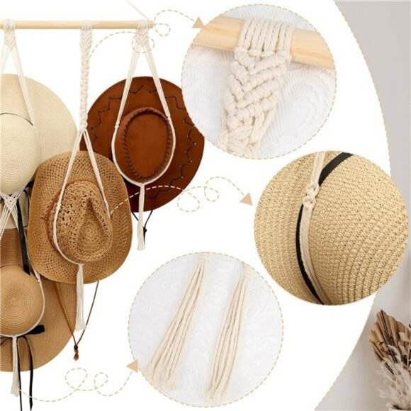 Macrame hat holder wall hanging organizer rack for wide brim boho hats - Picture 5 of 8